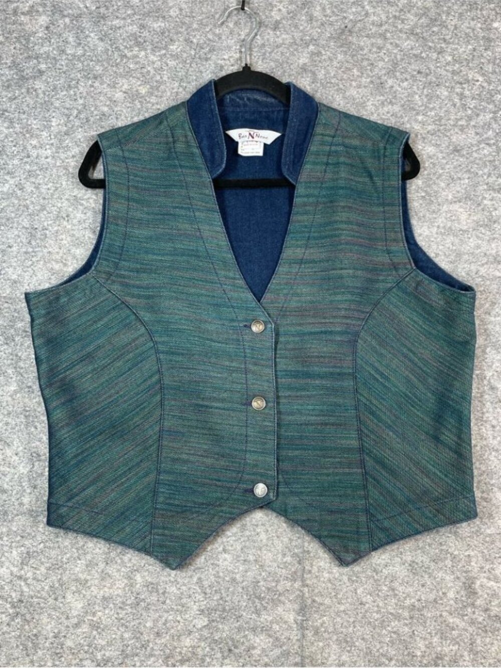 Vintage Bar None Denim Vest Blue Green XL Western Festival Rodeo Boho Chic USA - Picture 2 of 12